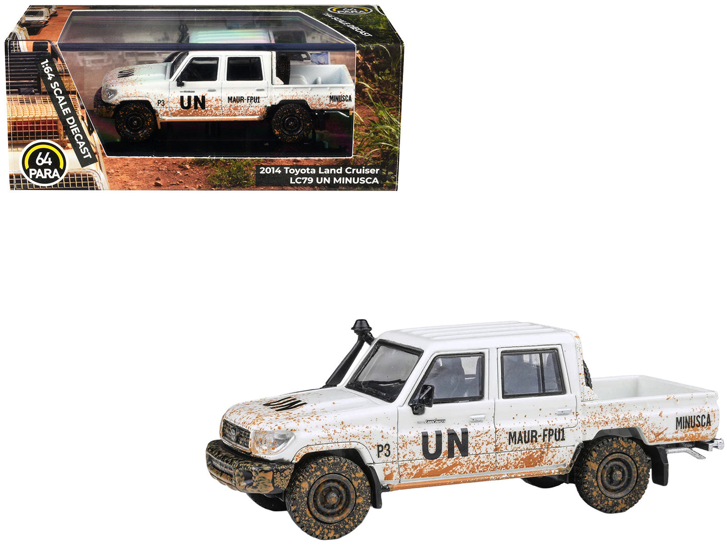 2014 Toyota Land Cruiser LC 79 Pickup Truck "UN MINUSCA" White (Dirty Version) 1/64 Diecast Model Car