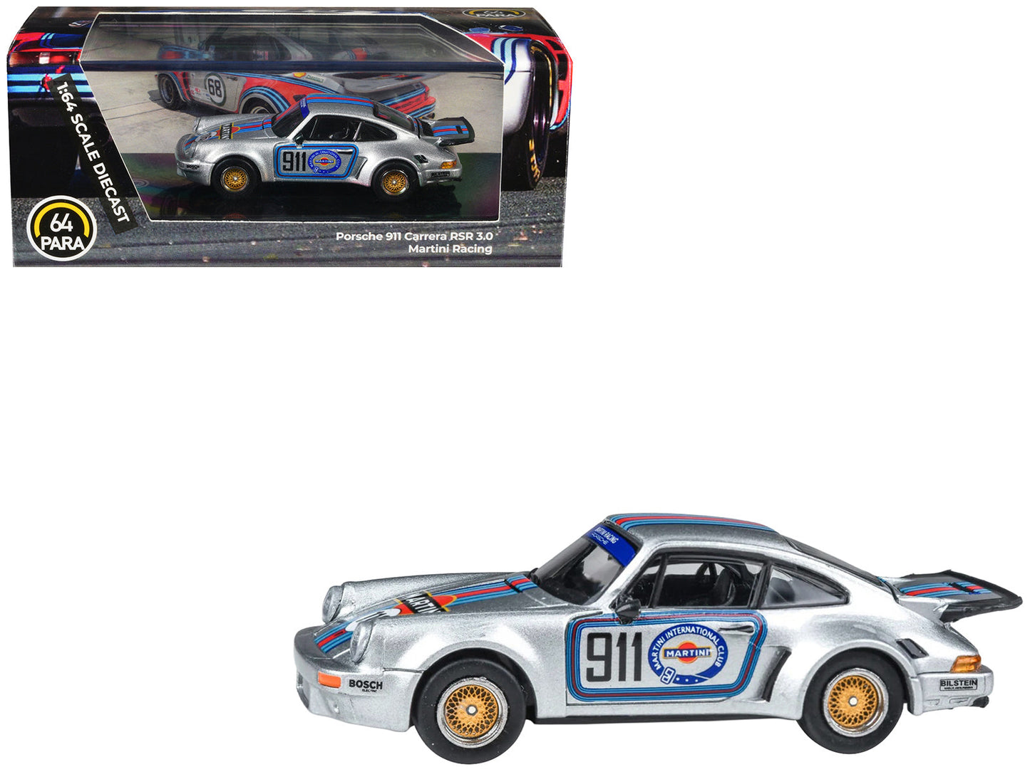 Porsche 911 Carrera RSR 3.0 "Martini Racing" Silver Metallic with Stripes 1/64 Diecast Model Car