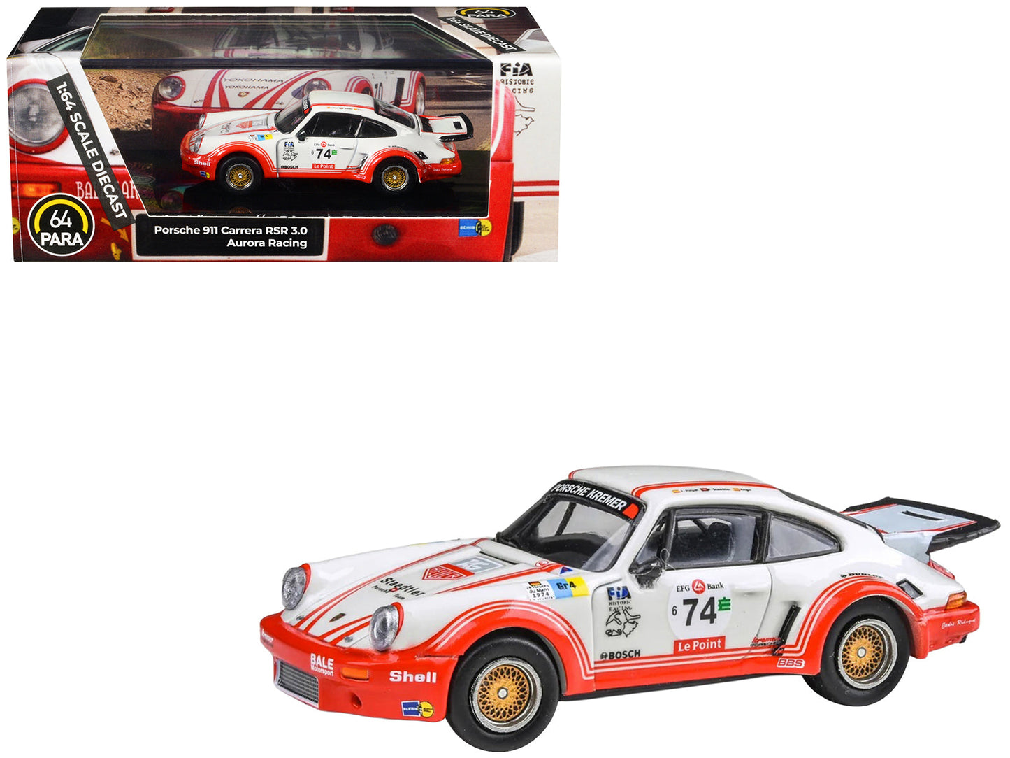 Porsche 911 Carrera RSR 3.0 #74 "Aurora Racing" White with Red Stripes 1/64 Diecast Model Car