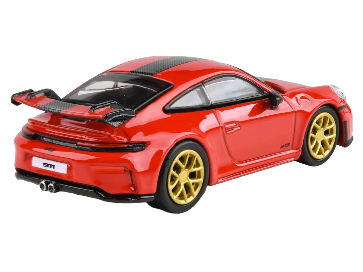 2025 Porsche 911 GT3 (992.2) Guards Red with Carbon Stripe and Gold Wheels 1/64 Diecast Model Car
