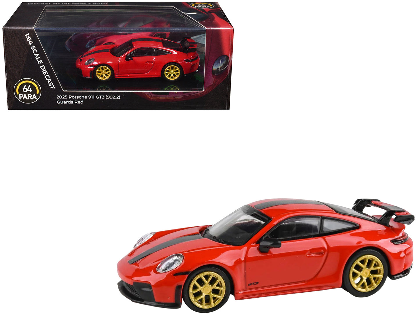 2025 Porsche 911 GT3 (992.2) Guards Red with Carbon Stripe and Gold Wheels 1/64 Diecast Model Car