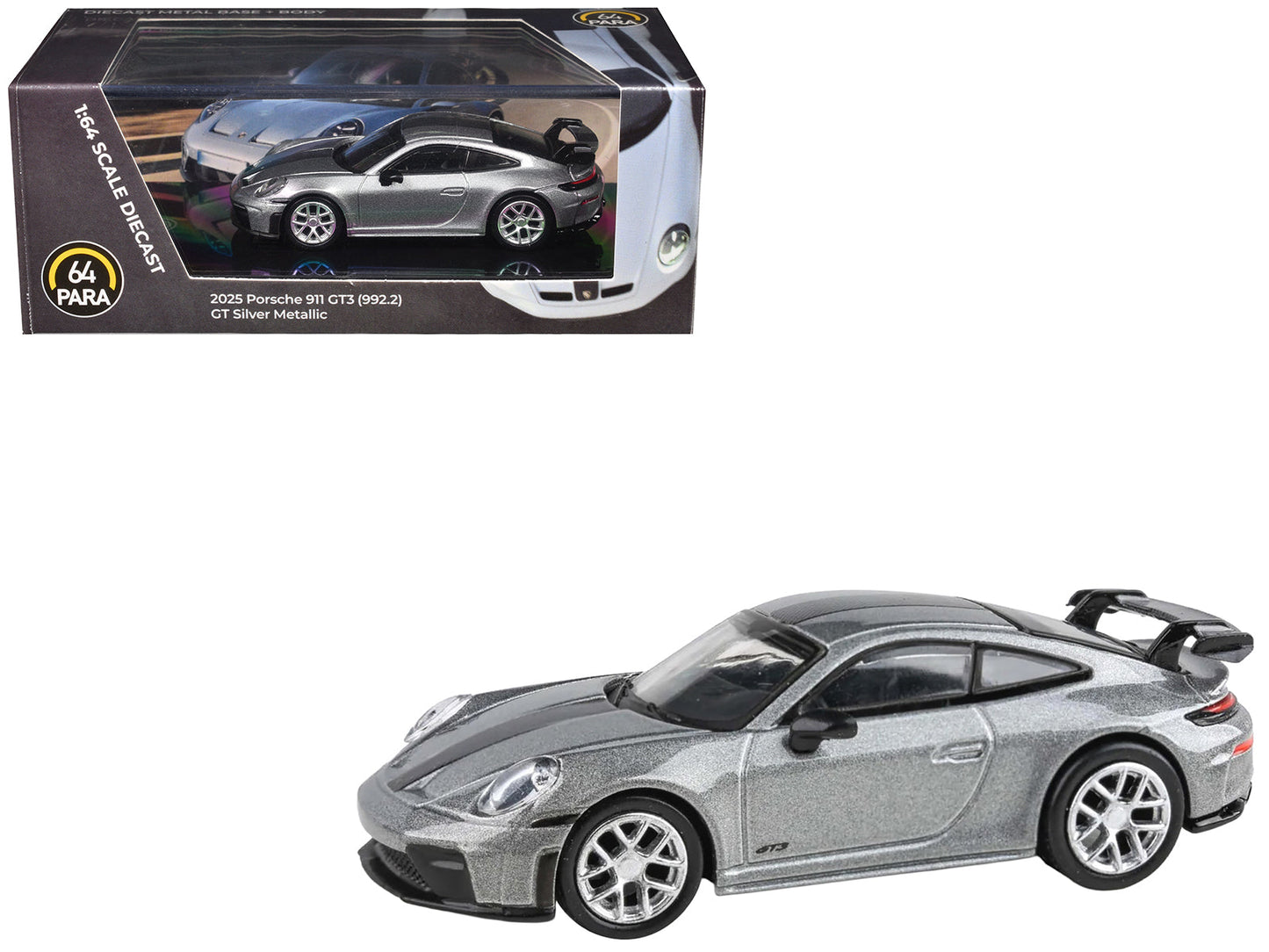 2025 Porsche 911 GT3 (992.2) GT Silver Metallic with Carbon Stripe 1/64 Diecast Model Car