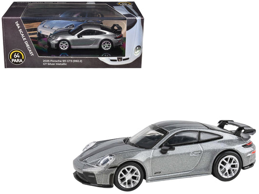 2025 Porsche 911 GT3 (992.2) GT Silver Metallic with Carbon Stripe 1/64 Diecast Model Car