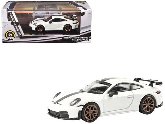 2025 Porsche 911 GT3 (992.2) Grand Prix White with Carbon Stripe 1/64 Diecast Model Car