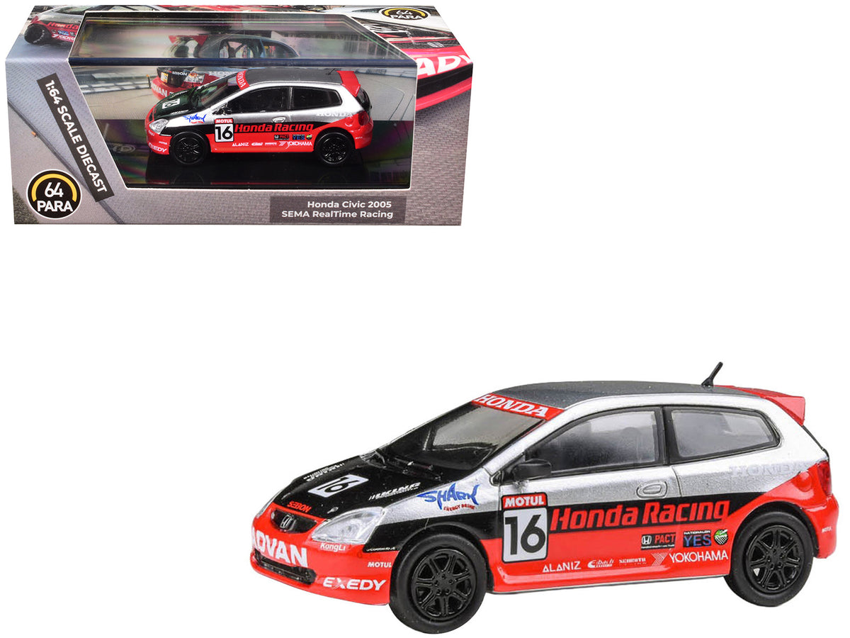 2005 Honda Civic #16 "SEMA RealTime Racing" Silver Metallic and Red with Black Graphics 1/64 Diecast Model Car