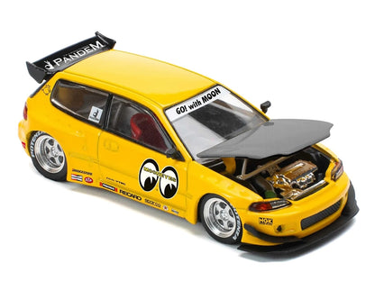 Pandem Civic EG6 RHD (Right Hand Drive) "Mooneyes" Yellow with Carbon Hood "Enigma Exclusive Edition" 1/64 Diecast Model Car