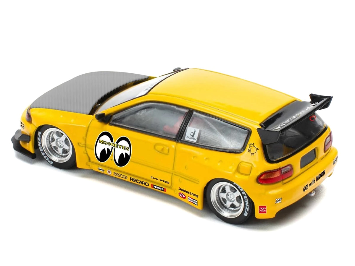 Pandem Civic EG6 RHD (Right Hand Drive) "Mooneyes" Yellow with Carbon Hood "Enigma Exclusive Edition" 1/64 Diecast Model Car