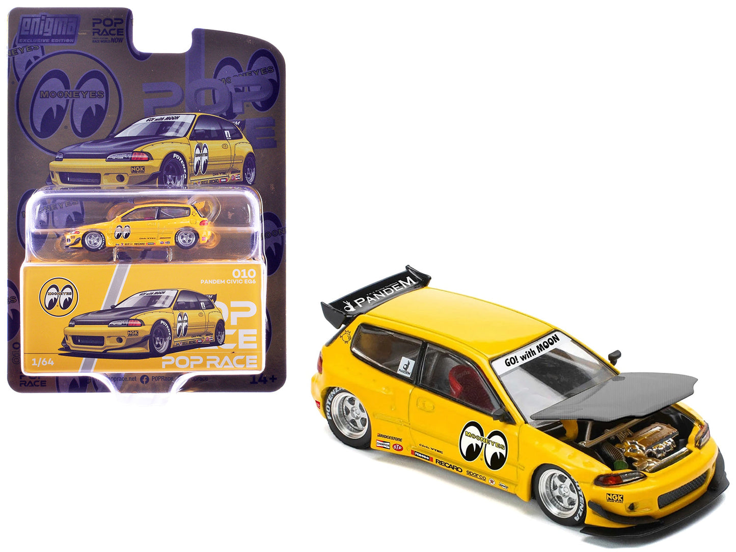 Pandem Civic EG6 RHD (Right Hand Drive) "Mooneyes" Yellow with Carbon Hood "Enigma Exclusive Edition" 1/64 Diecast Model Car