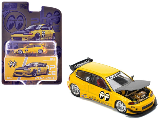 Pandem Civic EG6 RHD (Right Hand Drive) "Mooneyes" Yellow with Carbon Hood "Enigma Exclusive Edition" 1/64 Diecast Model Car