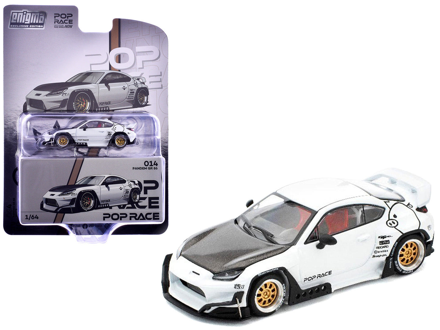 Toyota Pandem GR86 White with Carbon Hood "Enigma Exclusive Edition" 1/64 Diecast Model Car