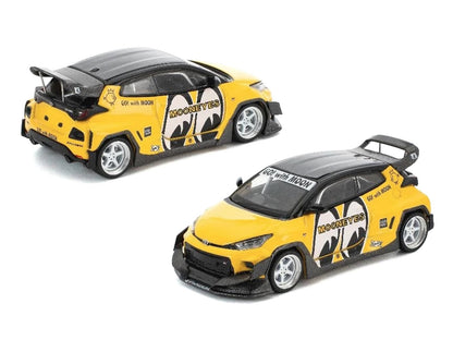 Pandem GR Yaris RHD (Right Hand Drive) "MoonEyes" Yellow with Black Top and Graphics "Enigma Exclusive Edition 1/64 Die Cast Model Car