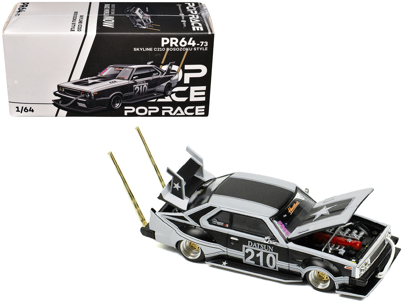 Skyline C210 "Bosozoku Style" RHD (Right Hand Drive) #210 Matt Black and Silver 1/64 Diecast Model Car