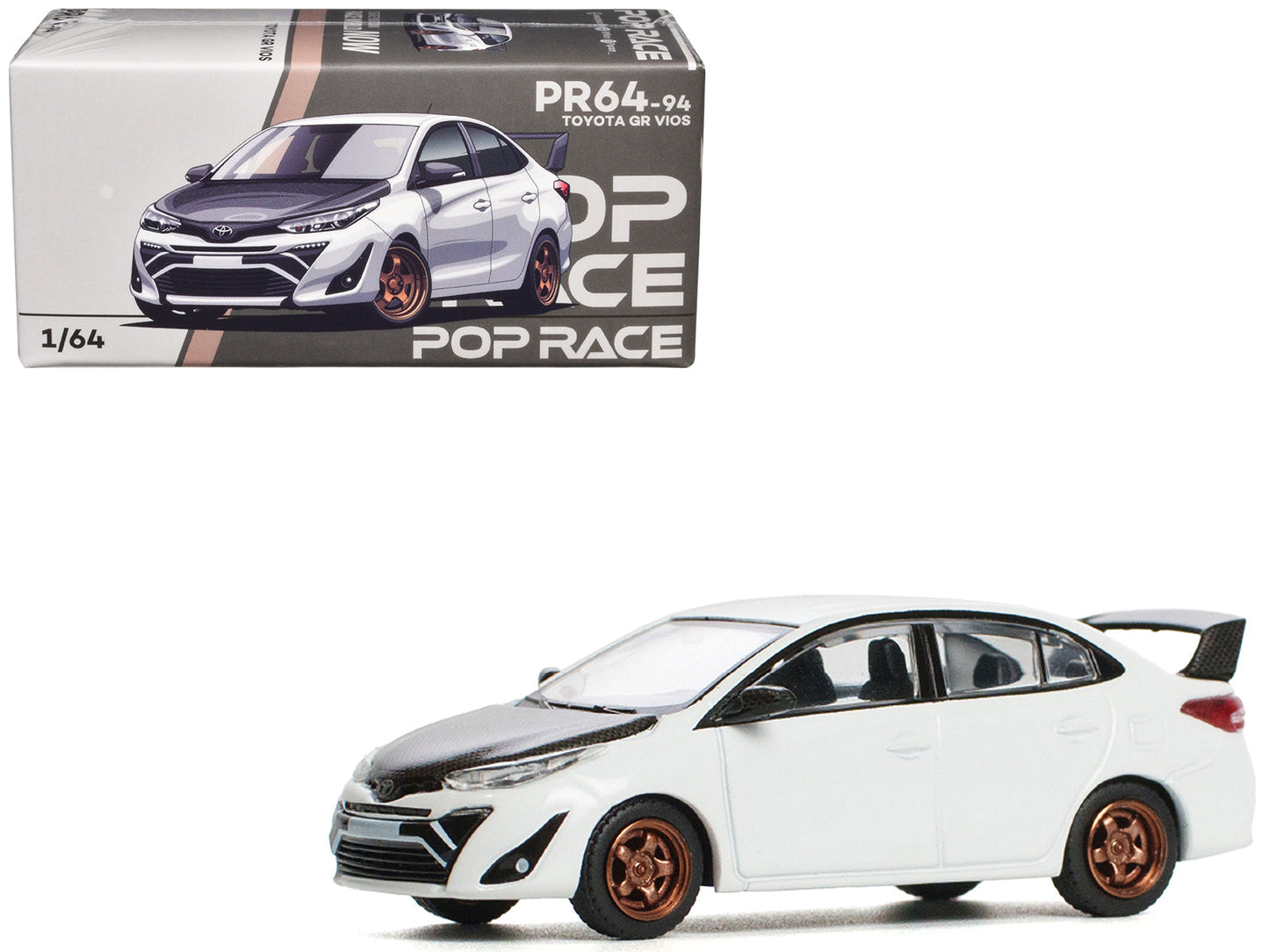 Toyota GR Vios White with Carbon Hood 1/64 Diecast Model Car