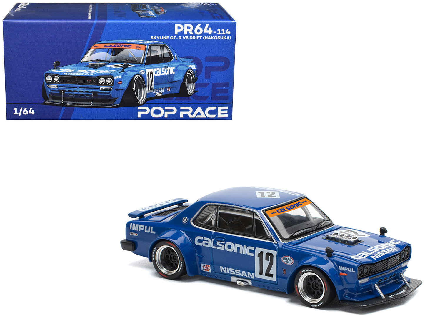 Skyline GT-R V8 Drift "Hakosuka" RHD (Right Hand Drive) #12 "Calsonic" Blue with Graphics 1/64 Diecast Model Car