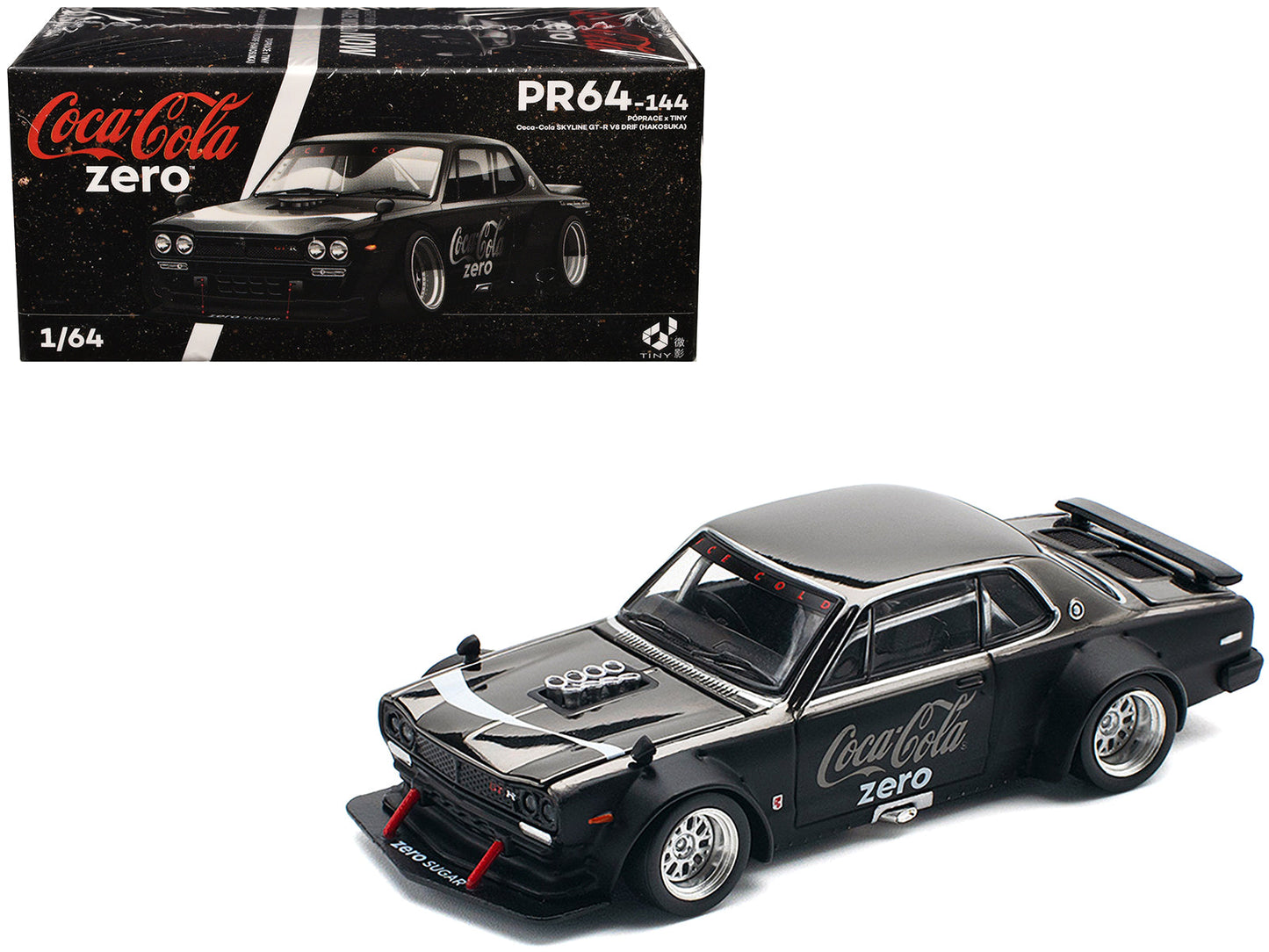 Skyline GT-R V8 Drift "Hakosuka" RHD (Right Hand Drive) "Coca-Cola Zero" Dark Chrome and Black 1/64 Diecast Model Car