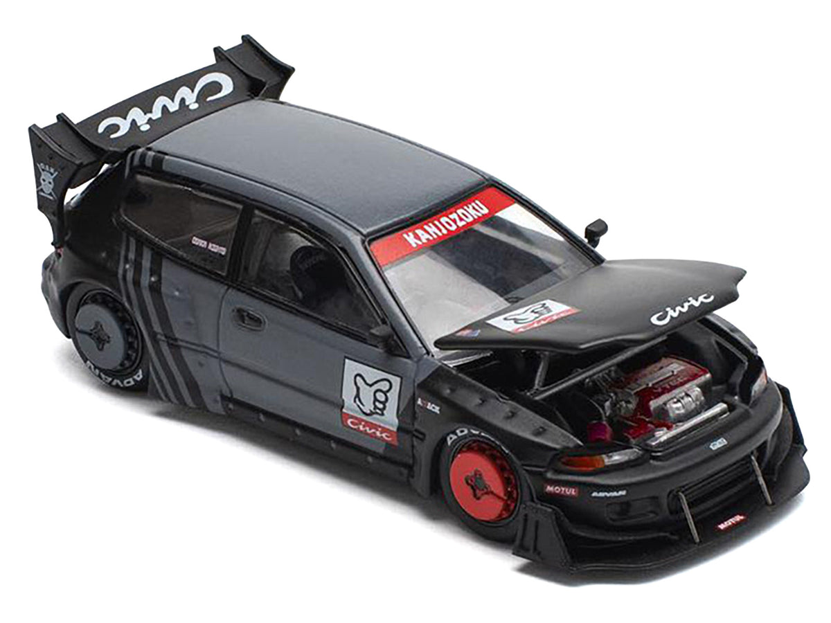 Pandem Civic EG6 RHD (Right Hand Drive) "Kanjozoku" Matt Black and Gray with Graphics 1/64 Diecast Model Car