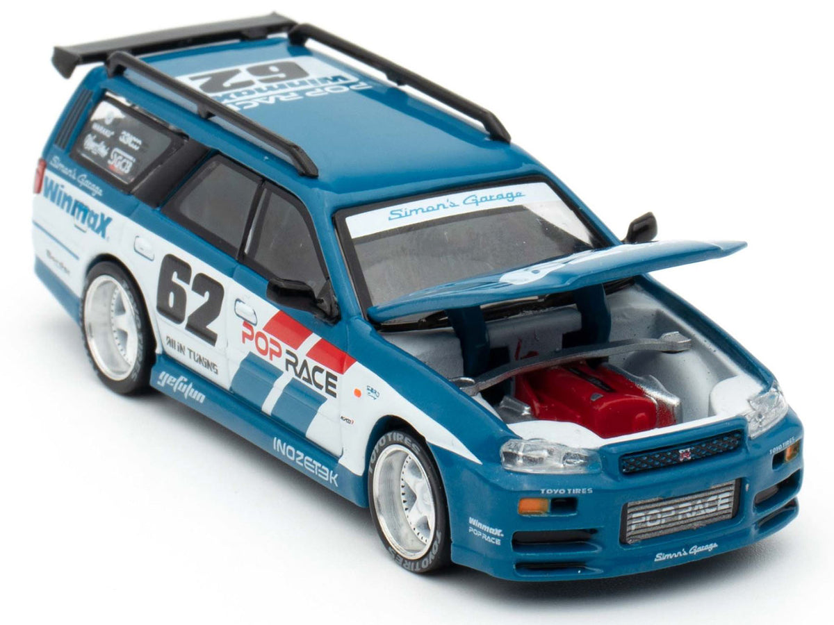 Nissan Stagea RHD (Right Hand Drive) #62 "Simon's Garage" Blue with White Sides 1/64 Diecast Model Car