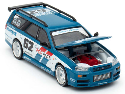 Nissan Stagea RHD (Right Hand Drive) #62 "Simon's Garage" Blue with White Sides 1/64 Diecast Model Car