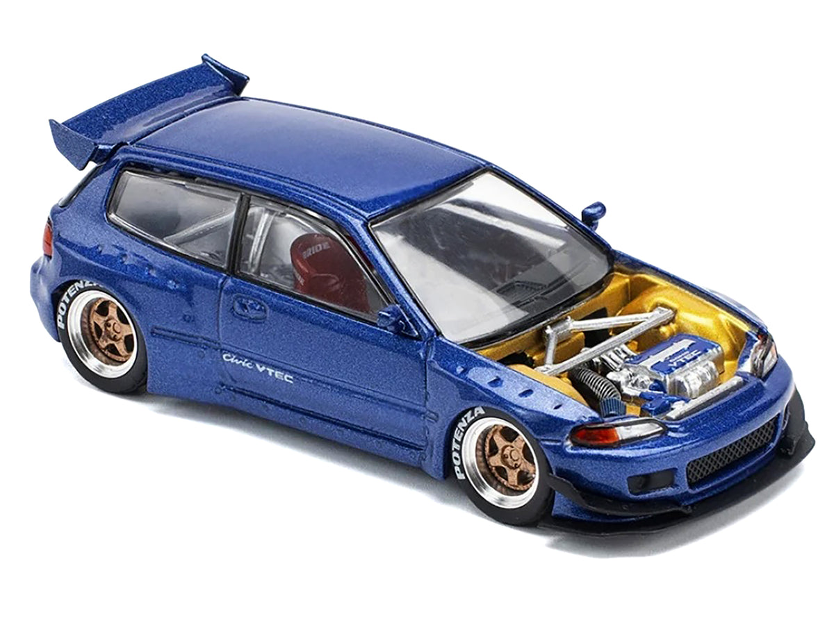 Pandem Civic EG6 VTEC RHD (Right Hand Drive) Blue Metallic with No Hood 1/64 Diecast Model Car