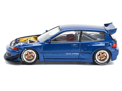 Pandem Civic EG6 VTEC RHD (Right Hand Drive) Blue Metallic with No Hood 1/64 Diecast Model Car