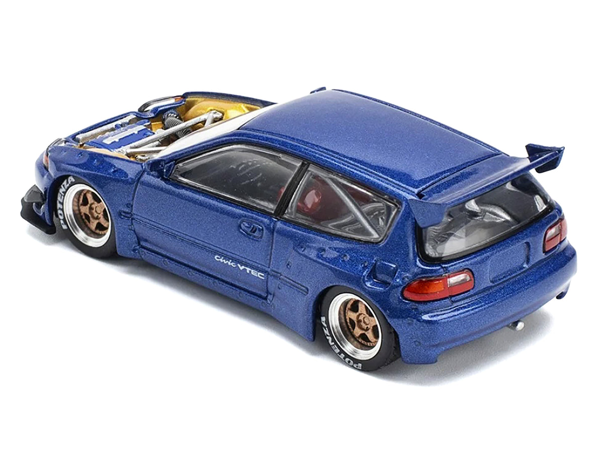 Pandem Civic EG6 VTEC RHD (Right Hand Drive) Blue Metallic with No Hood 1/64 Diecast Model Car