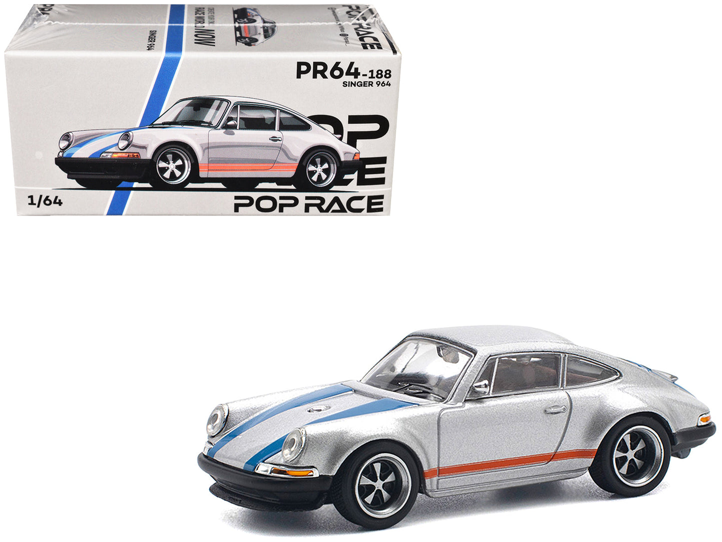 Singer 964 Silver Metallic with Blue and Red Stripes 1/64 Diecast Model Car