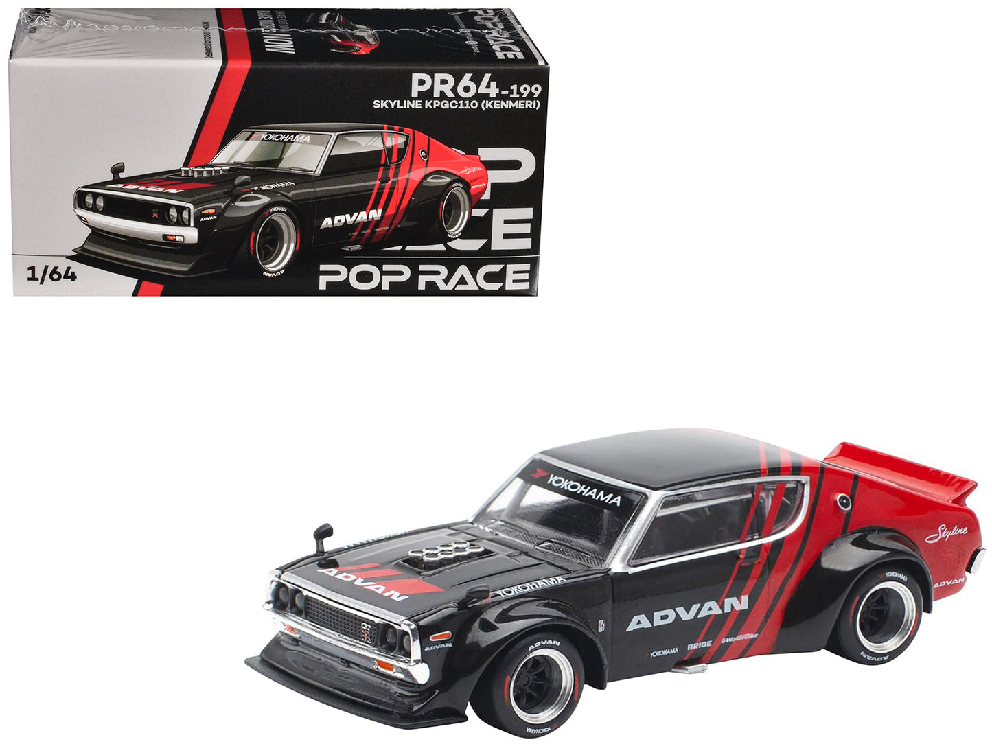 Skyline KPGC110 "Kenmeri" RHD (Right Hand Drive) "ADVAN" Black and Red 1/64 Diecast Model Car