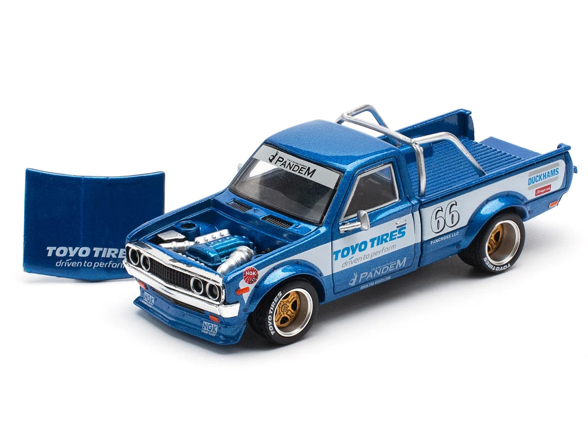 Datsun Pandem 620 Pickup Truck #66 Blue Metallic with White Stripes and Graphics 1/64 Diecast Model Car
