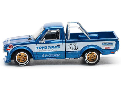 Datsun Pandem 620 Pickup Truck #66 Blue Metallic with White Stripes and Graphics 1/64 Diecast Model Car
