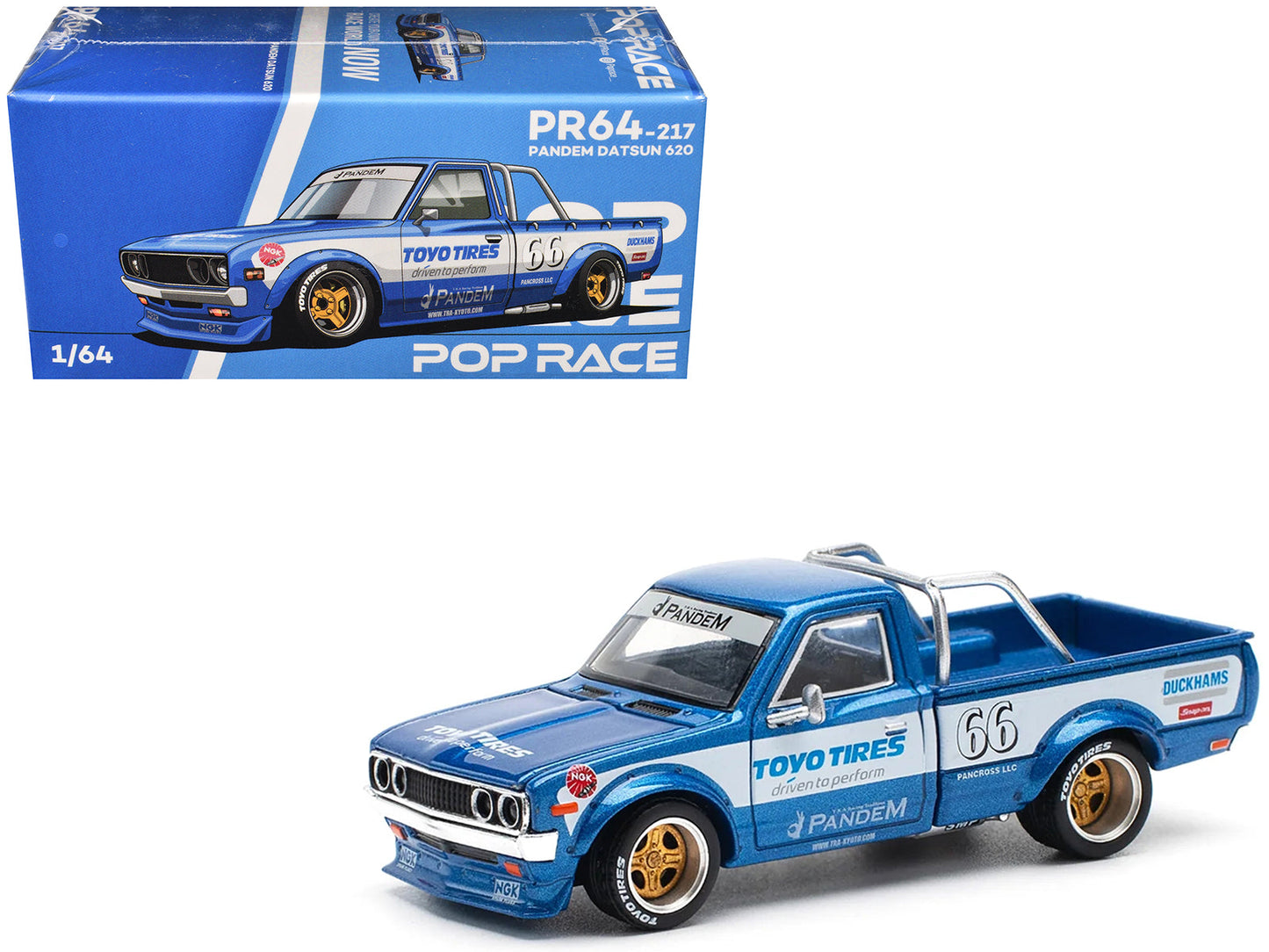 Datsun Pandem 620 Pickup Truck #66 Blue Metallic with White Stripes and Graphics 1/64 Diecast Model Car