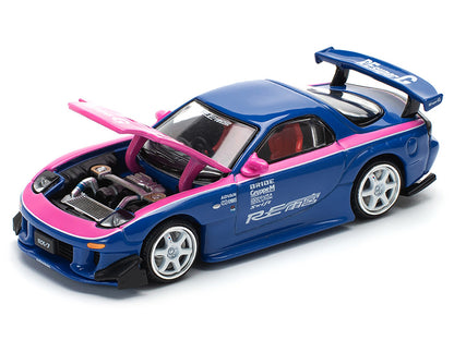 Mazda RX-7 RE-Amemiya Widebody RHD (Right Hand Drive) Blue with Pink Hood and Stripes 1/64 Diecast Model Car