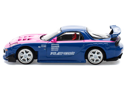 Mazda RX-7 RE-Amemiya Widebody RHD (Right Hand Drive) Blue with Pink Hood and Stripes 1/64 Diecast Model Car