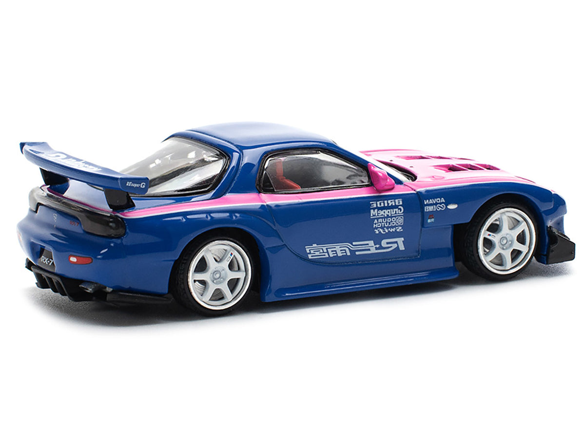 Mazda RX-7 RE-Amemiya Widebody RHD (Right Hand Drive) Blue with Pink Hood and Stripes 1/64 Diecast Model Car