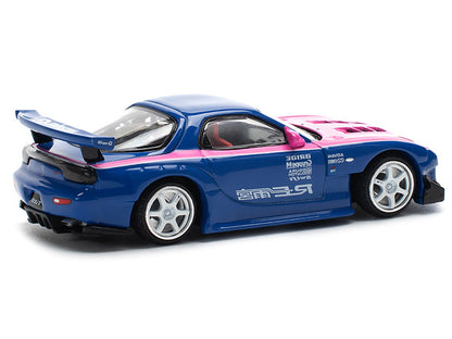 Mazda RX-7 RE-Amemiya Widebody RHD (Right Hand Drive) Blue with Pink Hood and Stripes 1/64 Diecast Model Car