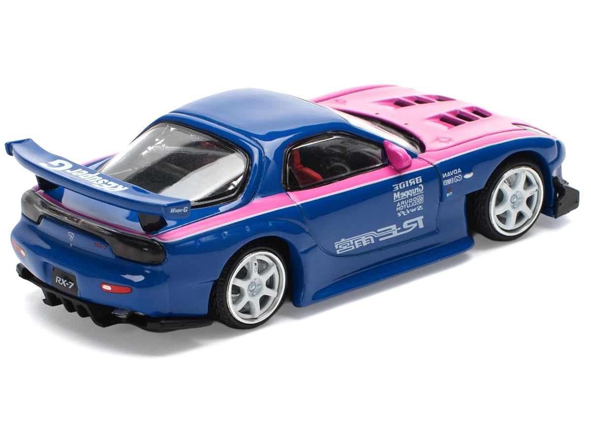 Mazda RX-7 RE-Amemiya Widebody RHD (Right Hand Drive) Blue with Pink Hood and Stripes 1/64 Diecast Model Car