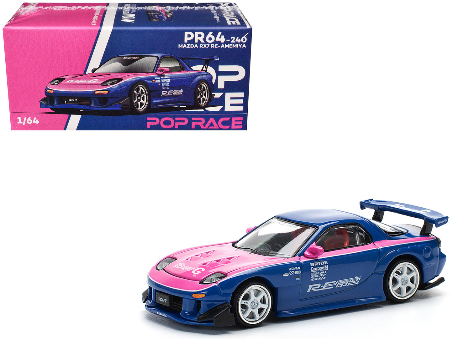 Mazda RX-7 RE-Amemiya Widebody RHD (Right Hand Drive) Blue with Pink Hood and Stripes 1/64 Diecast Model Car