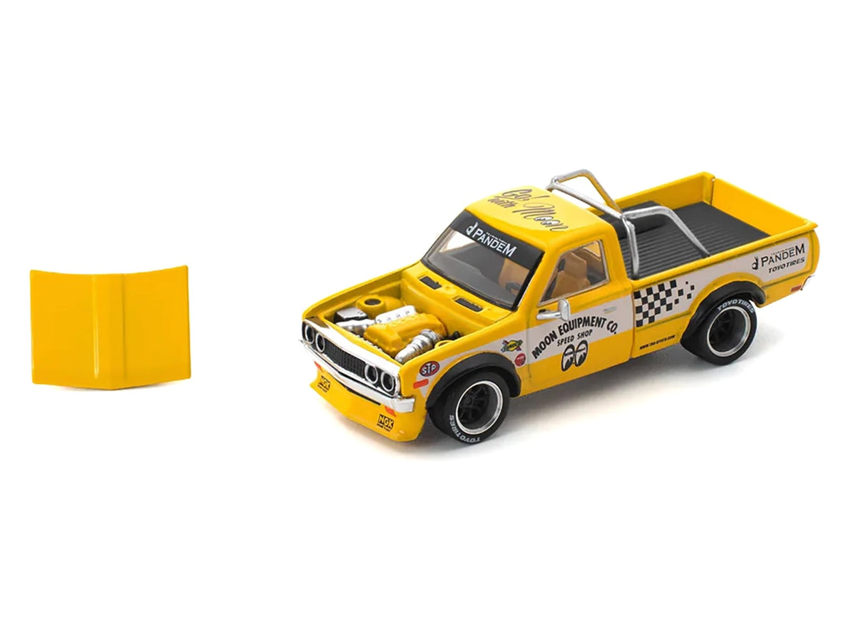 Datsun Pandem 620 Pickup Truck "MoonEyes" Yellow with White Sides and Graphics 1/64 Diecast Model Car