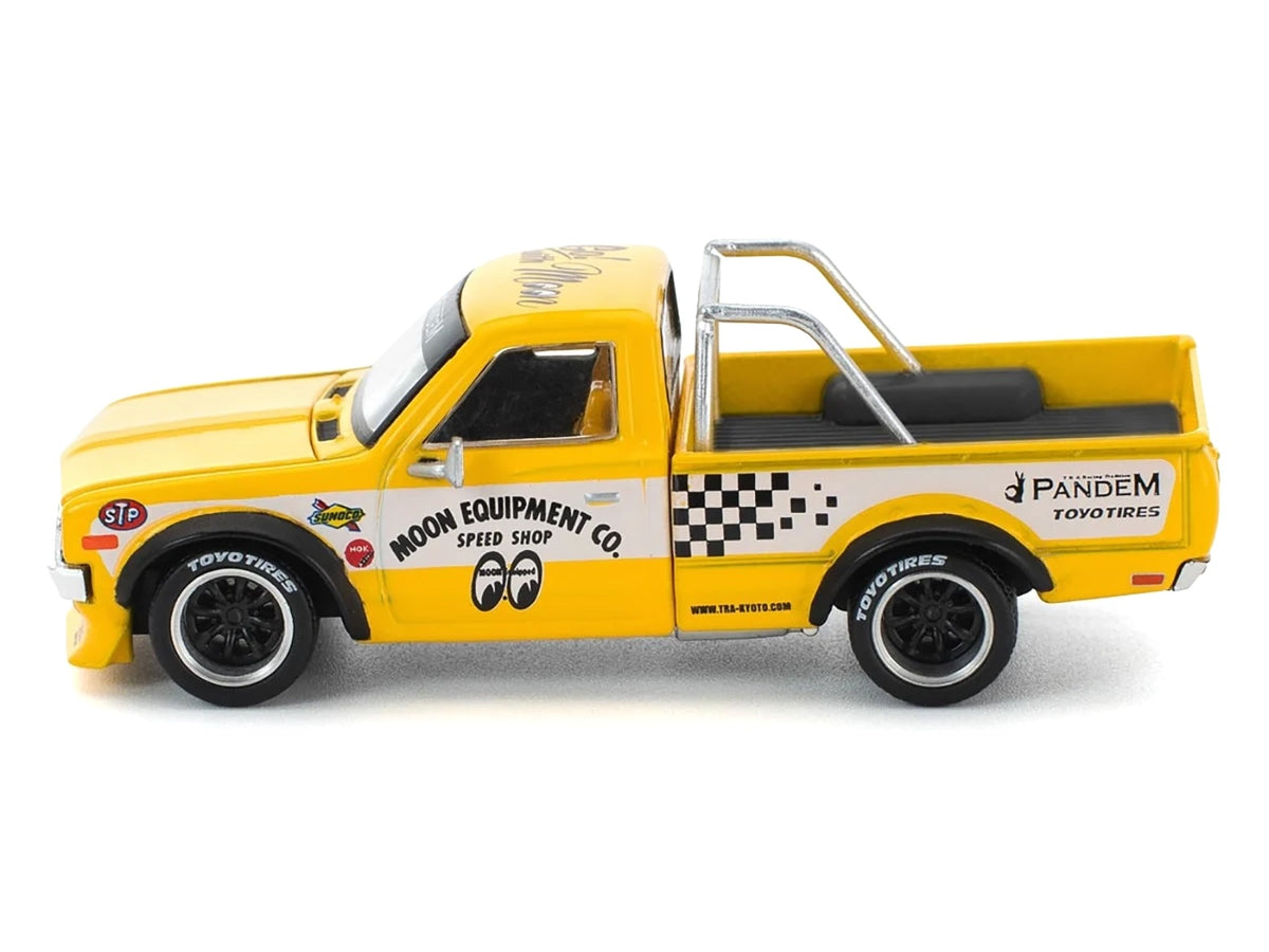 Datsun Pandem 620 Pickup Truck "MoonEyes" Yellow with White Sides and Graphics 1/64 Diecast Model Car