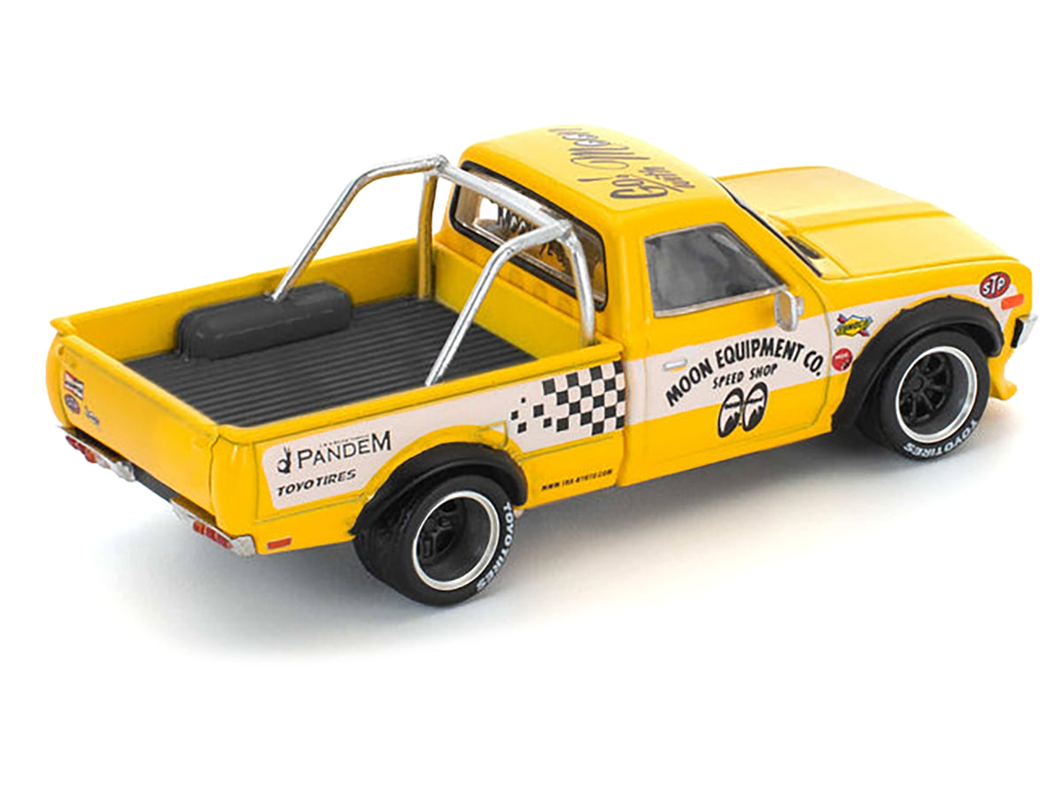 Datsun Pandem 620 Pickup Truck "MoonEyes" Yellow with White Sides and Graphics 1/64 Diecast Model Car