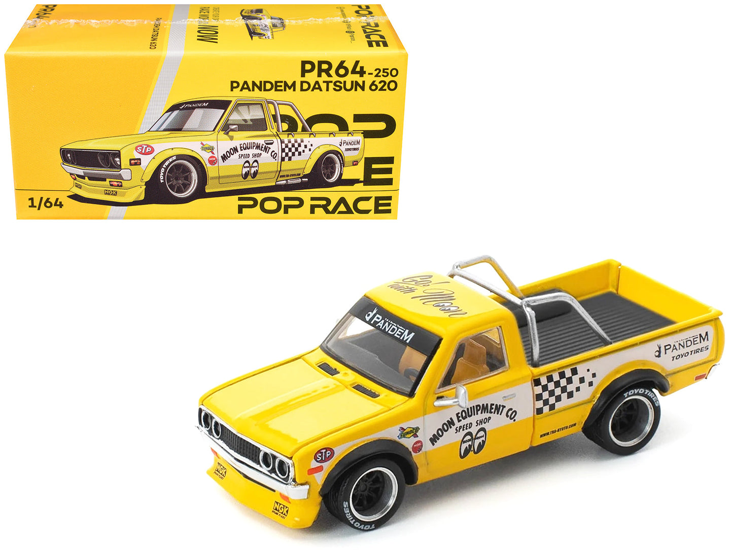 Datsun Pandem 620 Pickup Truck "MoonEyes" Yellow with White Sides and Graphics 1/64 Diecast Model Car