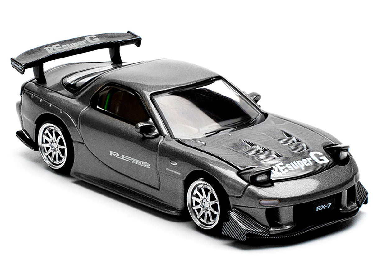 Mazda RX7 (FD) "RE Amemiya" Widebody RHD (Right Hand Drive) Gunmetal Gray Metallic with Carbon Hood 1/64 Diecast Model Car