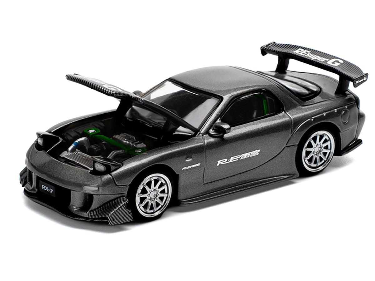 Mazda RX7 (FD) "RE Amemiya" Widebody RHD (Right Hand Drive) Gunmetal Gray Metallic with Carbon Hood 1/64 Diecast Model Car