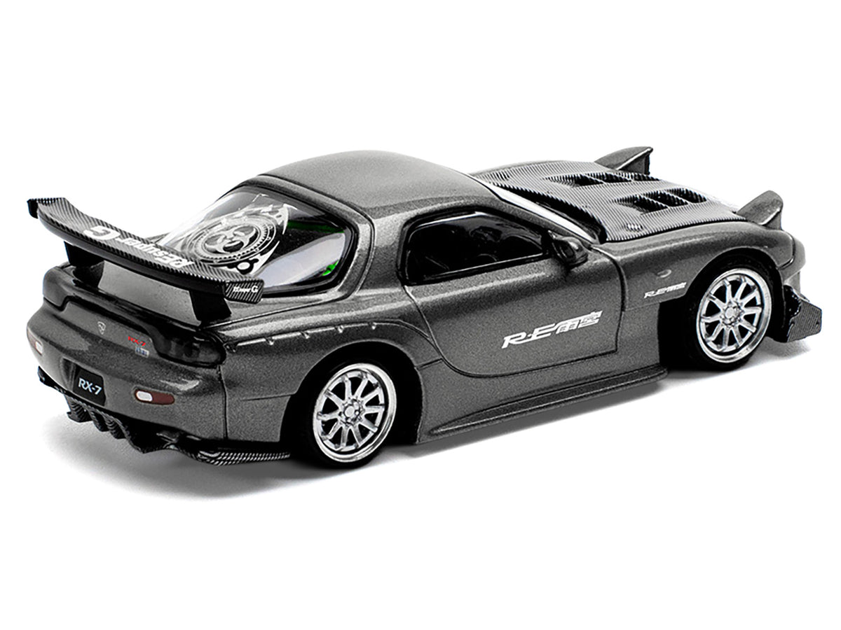 Mazda RX7 (FD) "RE Amemiya" Widebody RHD (Right Hand Drive) Gunmetal Gray Metallic with Carbon Hood 1/64 Diecast Model Car