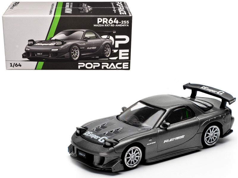 Mazda RX7 (FD) "RE Amemiya" Widebody RHD (Right Hand Drive) Gunmetal Gray Metallic with Carbon Hood 1/64 Diecast Model Car