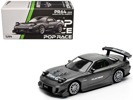 Mazda RX7 (FD) "RE Amemiya" Widebody RHD (Right Hand Drive) Gunmetal Gray Metallic with Carbon Hood 1/64 Diecast Model Car