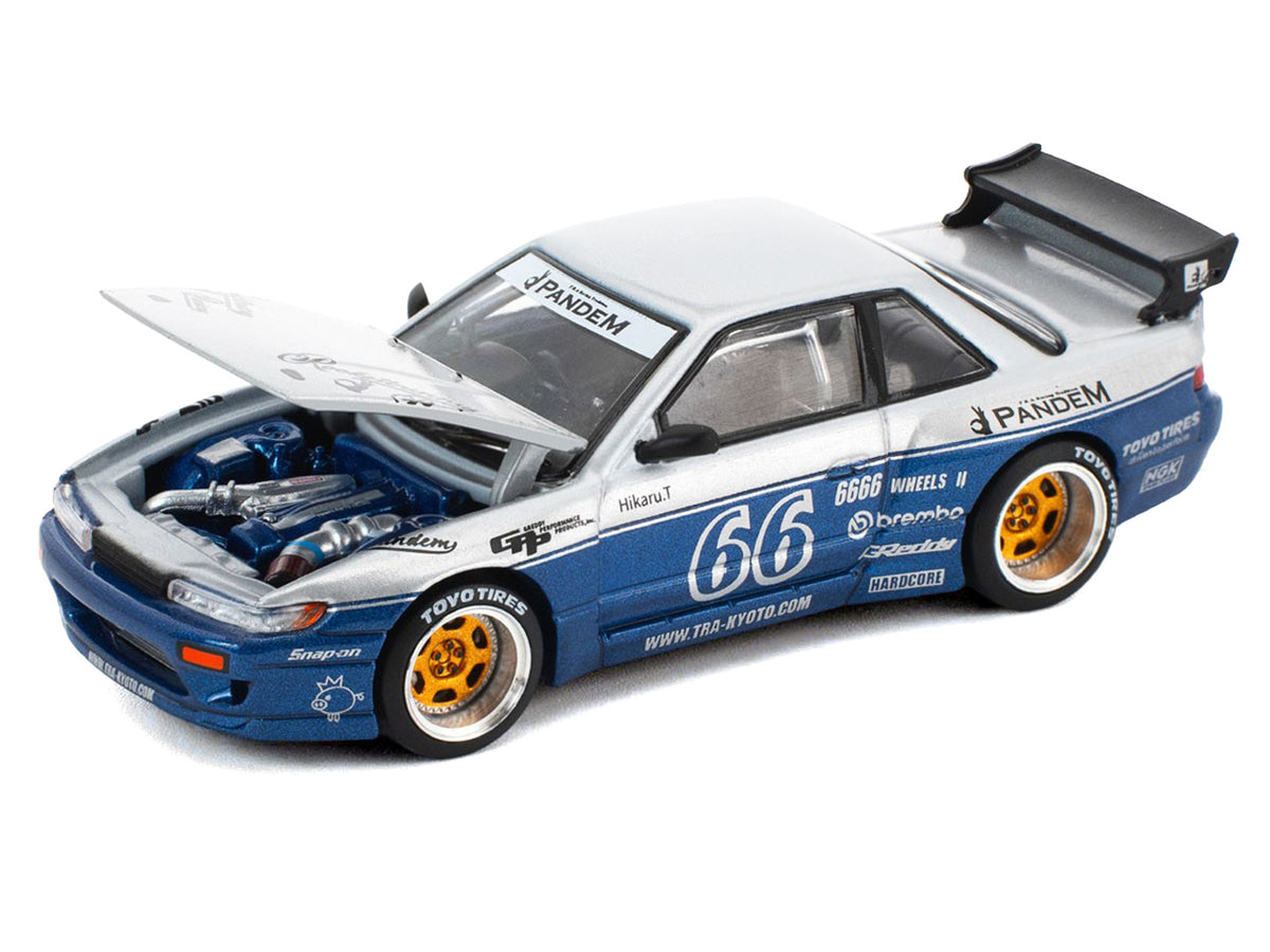 Pandem S13 RHD (Right Hand Drive) Silver and Moontech Blue Metallic with Graphics 1/64 Diecast Model Car