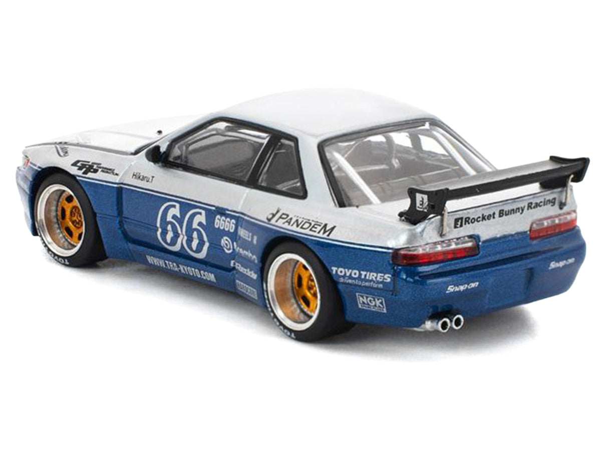 Pandem S13 RHD (Right Hand Drive) Silver and Moontech Blue Metallic with Graphics 1/64 Diecast Model Car
