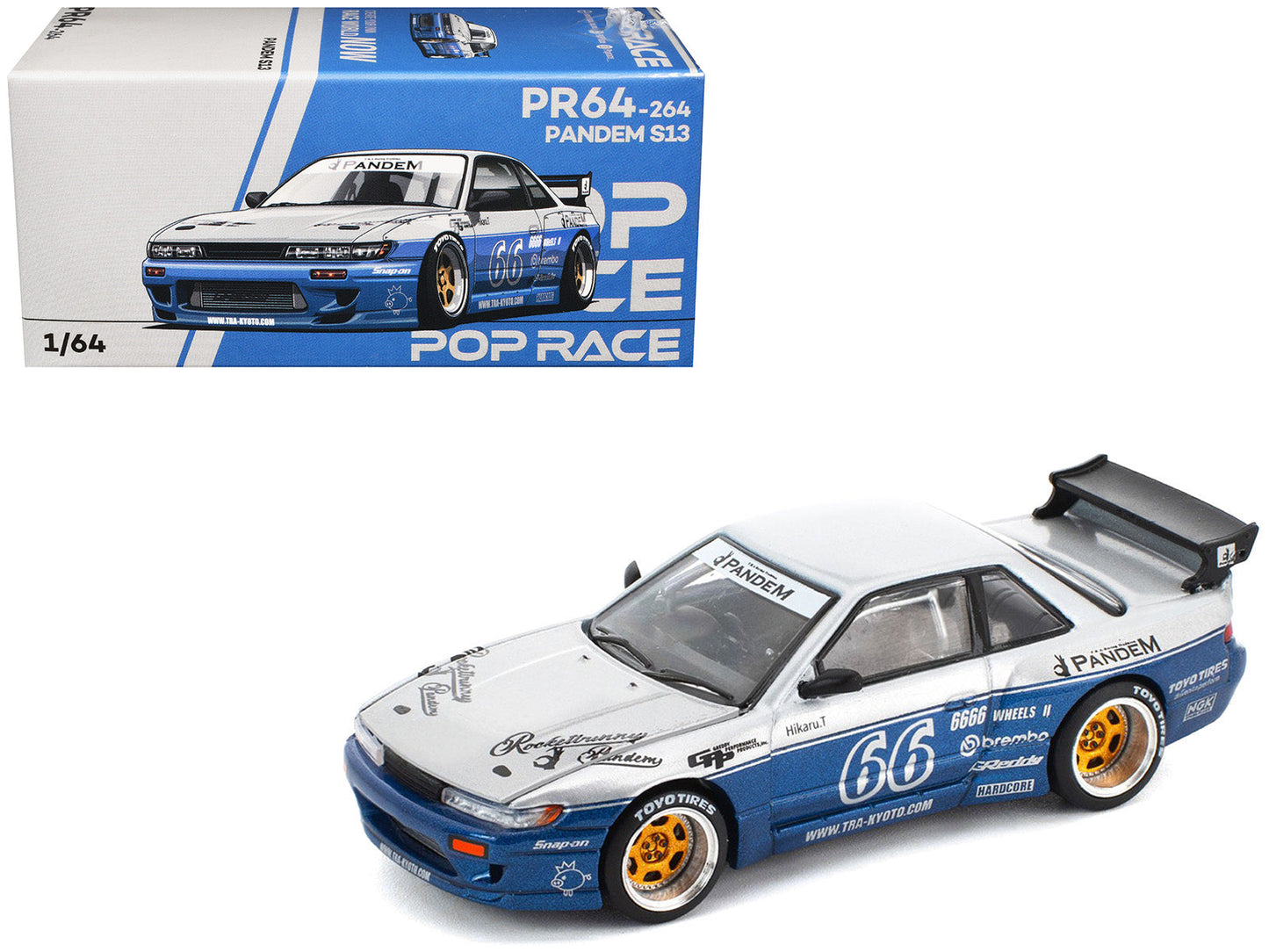 Pandem S13 RHD (Right Hand Drive) Silver and Moontech Blue Metallic with Graphics 1/64 Diecast Model Car