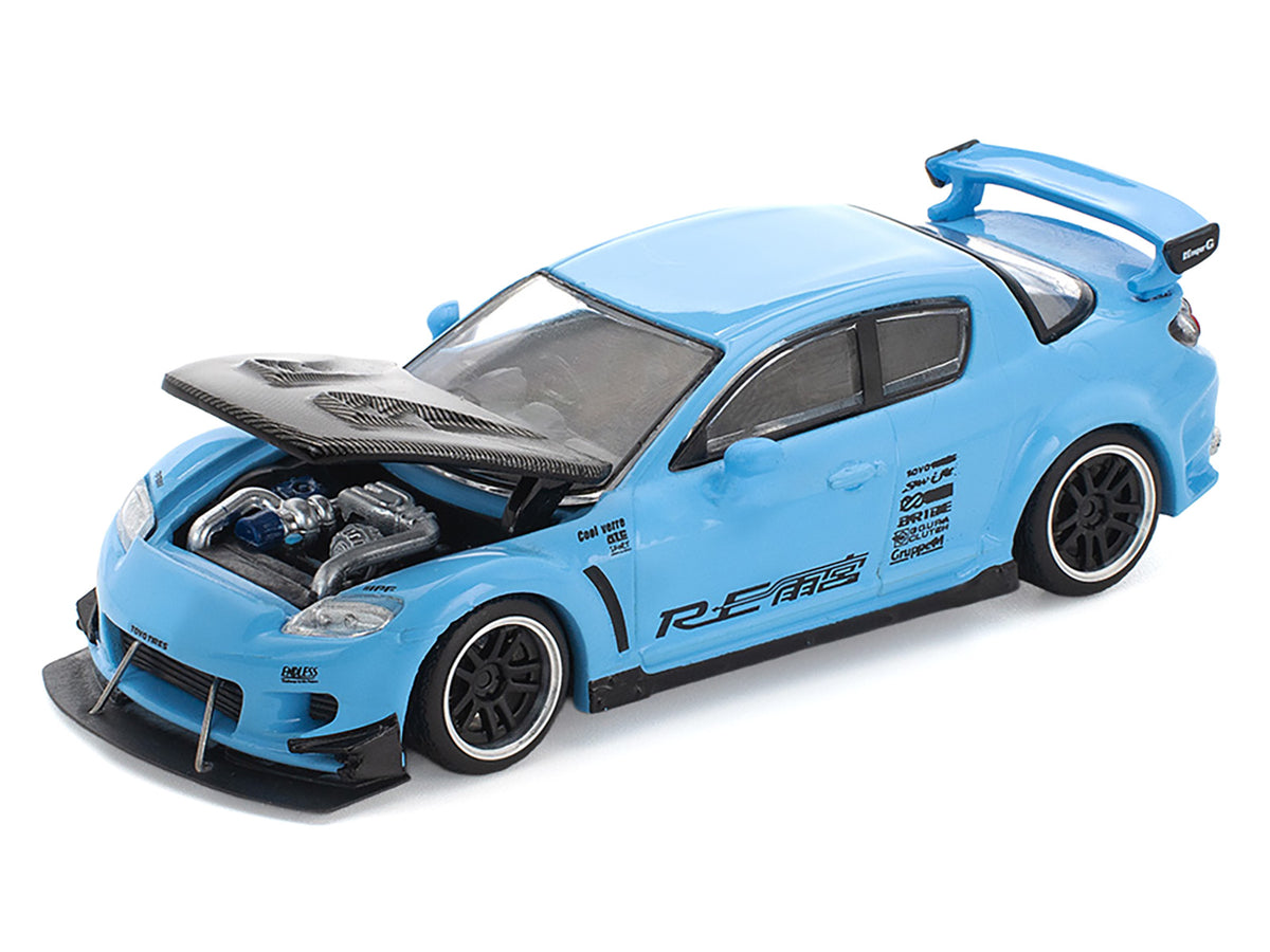 Mazda RX8 RE-Amemiya Widebody RHD (Right Hand Drive) Light Blue with Carbon Hood 1/64 Diecast Model Car