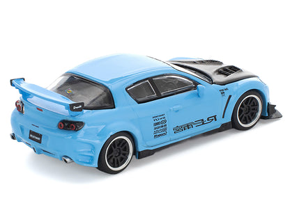 Mazda RX8 RE-Amemiya Widebody RHD (Right Hand Drive) Light Blue with Carbon Hood 1/64 Diecast Model Car